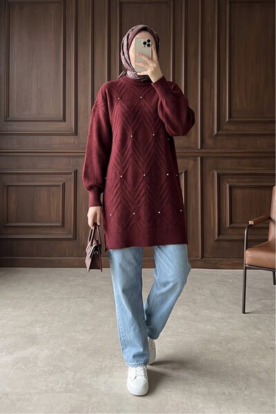 MODAQU Taş Detaylı Balon Kol Triko Tunik - Bordo