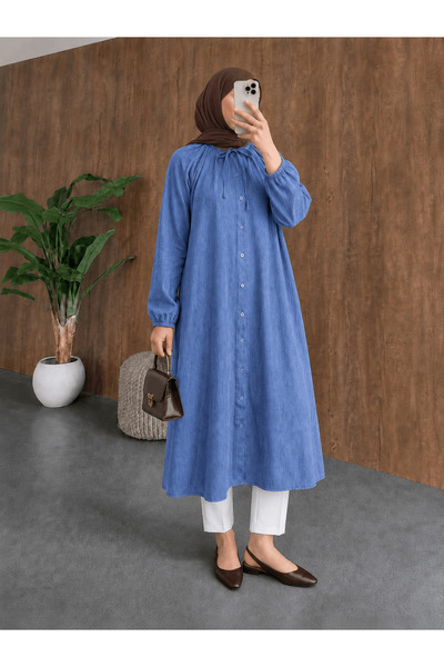 Hepsi Moda Tensel Önü Düğmeli Tunik - 05874 - Mavi