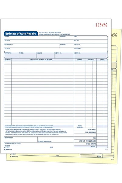 Adams Auto Repair Estimate Book, 2-Part, Carbonless, White/Canary, 8-3/8 x 10...