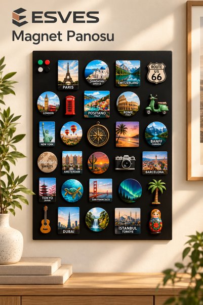 esves Siyah Metal Magnet Panosu Duvar Tipi Dekoratif Mıknatıslı Not ve Fotoğr...