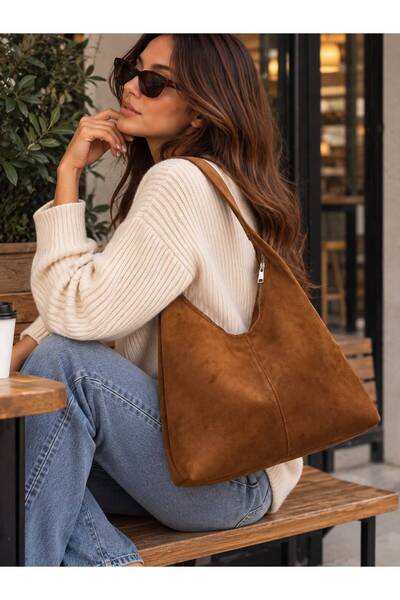 MENUSE ÇANTA Velora Suede Oversized Kangaroo Women's Shoulder Bag with Interior Pocket