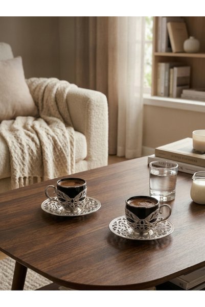 Generic Brand Acar Turkish coffee set of 2 Cups with Holders and Saucers in Elegant Ottoman Style in Black – Made in Turkey