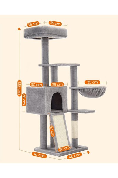 feandrea Structură de joacă pentru pisici, 4 nivele, stâlpi din sisal, coș, ascunzătoare și placă de zgâriat, 46x41x135 cm, gri deschis