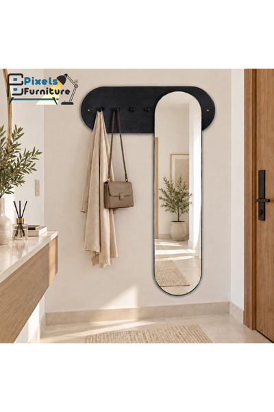 PixelsFurniture رف خشب معلق على الحائط مع مرآة وعلاقات ملابس من بكسل الأثاث 1...