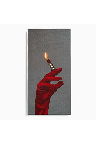 Luxcanva Tablou Canvas Ruj Aprins 60x120 cm cu Rama Argintiu Rosu Foc MakeUp