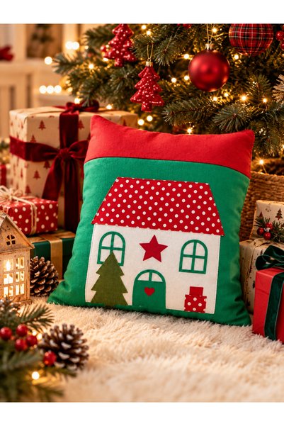 desicap Decorative Filled Pillow with House Figure Appliqué – 21 × 27 cm – Inner Filling Included