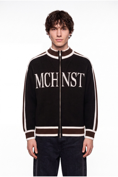 Machinist Men's Mchnst Written Sleeve Striped Zippered Knitwear Black