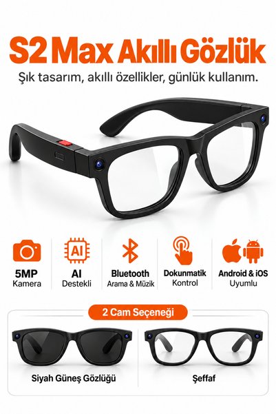 Ayers S2 Max 5MP Kameralı AI Destekli Akıllı Gözlük, Bluetooth Arama ve Müzik, Çift Mikrofon, Dokunmatik Kontrol, Android ve iOS Uyumlu, Güneş ve Şeffaf Camlı