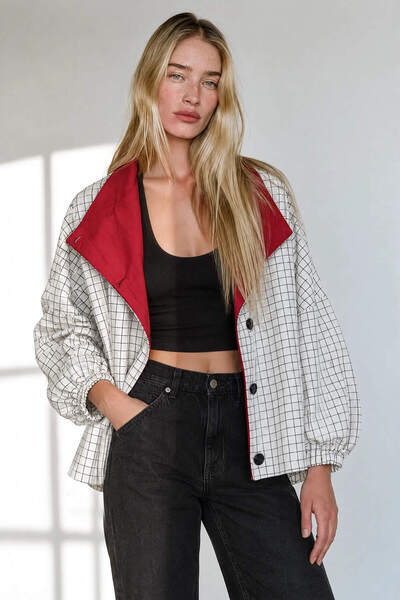 Sue Store Ecru Black Checkered High Collar Oversize Jacket