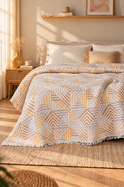VERONİCA LİNE Geometric 100% Cotton Ply Muslin Bedspread Piqué , Premium Tass...