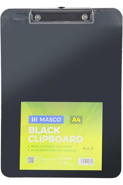 MASCO A4 Black Clipboard with Metal Clip, 2mm Thick Board, Smooth Writing Sur...