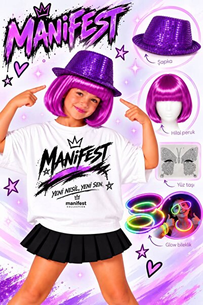 bemora kids manifest hilal aksesuar seti manifest hilal mor peruk + yüz taşı + glow bileklik + payetli şapka parti konser doğum günü