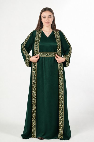 al bent al sharqieh Moroccan Embroidered Satin Kaftan Dress with a Waist Belt...