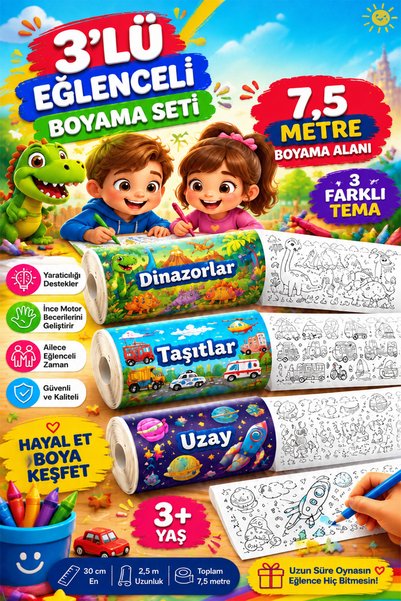 kutuTR Boyama Kağıdı 30x250 cm Eğitici Çocuk Aktivite Rulo Boyama Posteri 3'lü Set 2