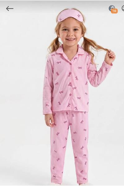 PİJAKİDS Kız Çocuk Pembe Çizgili Fiyonk Desenli Gömlek Yaka Pijama Takımı Uyk...