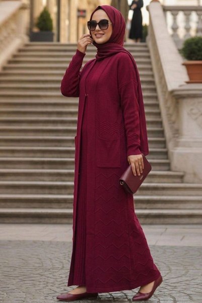 Neva Style Πλεκτό Σετ Τρικότοπολο με Μακριές Τσέπες σε Χρώμα Κερασί 40035VSN
