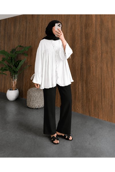 Hepsi Moda Ruffled Front Lace-Up Sleeve Shirt - 31111- White