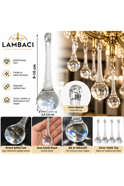 lambacı koray LAMBACI Kristal Cam Avize Taşı 9-10 cm Şeffaf Sarkıt Avize Süsü...