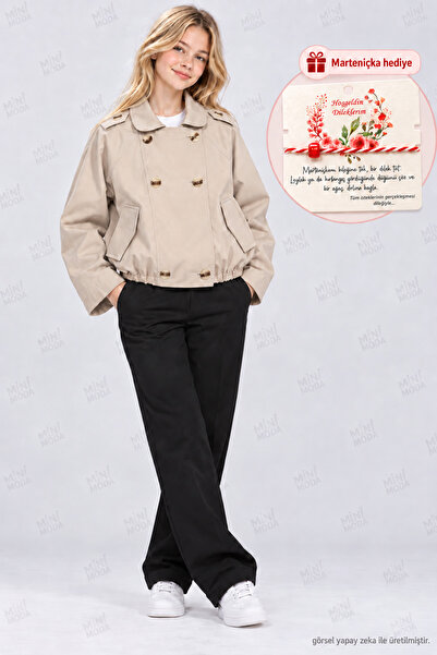 Minimoda Kids Girl's Beige Double-Breasted Buttoned Lined Bomber Jacket