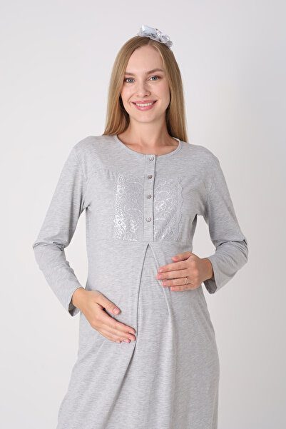 ERDENİZ TEKSTİL Maternity Nightgown and Robe Set – Maternity Set, Patterned Robe and Nightgown with Lace Collar