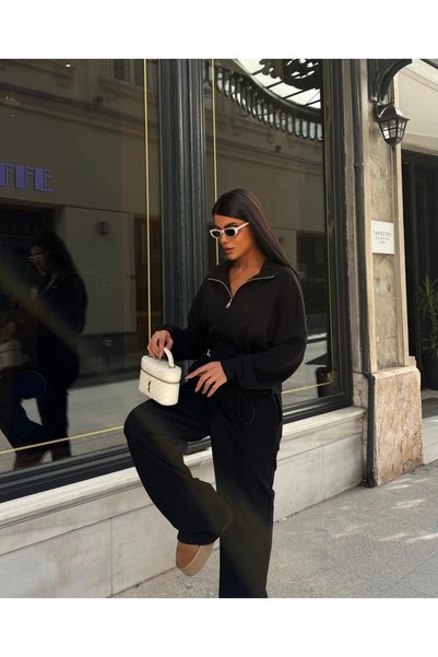 LE CARAMBOLE طقم نسائي مكون من قطعتين: سترة سوداء بخصر مطاطي وسروال بسحاب