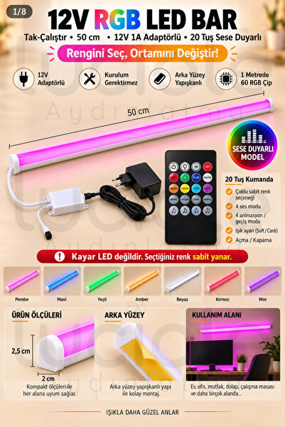 luciole 50 CM ColorBar RGB LED Bar 12V 12W 20 Tuş Sese Duyarlı Kumandalı Adap...