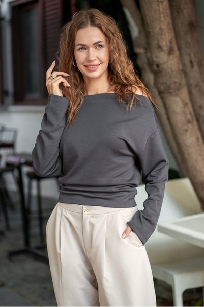 Oq Soft Textured Asymmetric Collar Long Sleeve T-Shirt Bluse