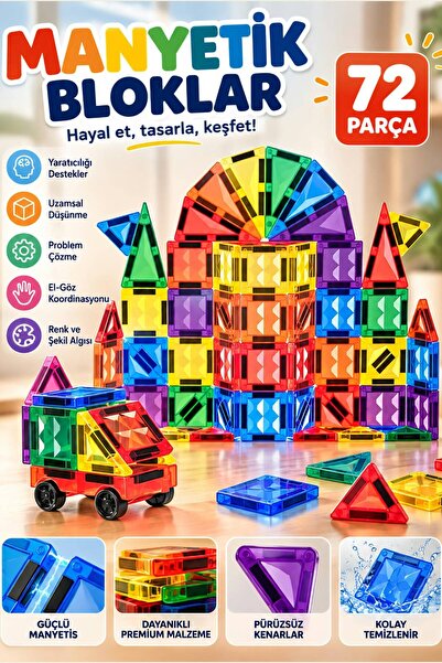 Fidan oyuncak 72 Parça Manyetik Bloklar Eğitici STEM Oyuncak Manyetik Yapı Ta...