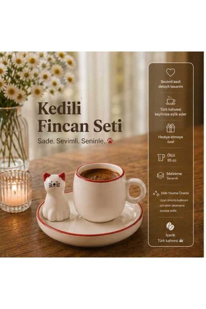 Hausette Minimal Kedi Figürlü Seramik Kahve Fincanı Takımı Modern Türk Kahves...