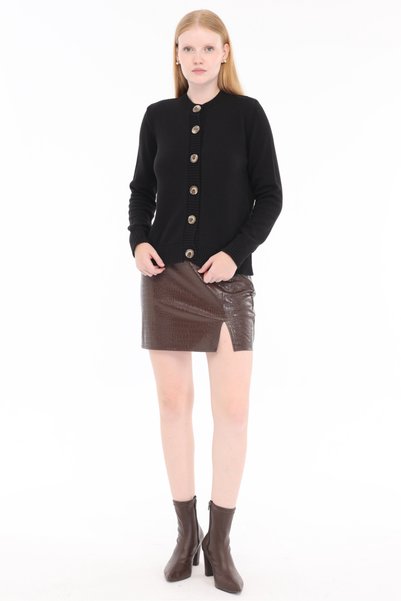 Trist Star Black Women's 100% Cotton Plain Knit Buttoned Crew Neck Knitwear Cardigan Trist-6171