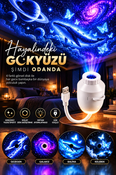 Happy Owl 4 Diskli USB Galaksi Yıldız Projektörü – Gezegen Galaksi Balina Kel...