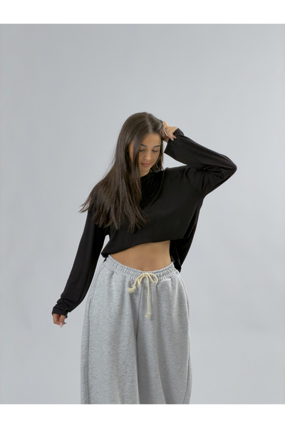 COCOPELLI Hanorac negru pentru femei, cu gât tip crewneck, model basic COC3541