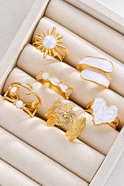 The Collection 6'lı Bohem Kombin Beyaz Taşlı Dalga Güneş Ay Kalp Alyans Model Ayarlanabilir Gold Yüzük Set