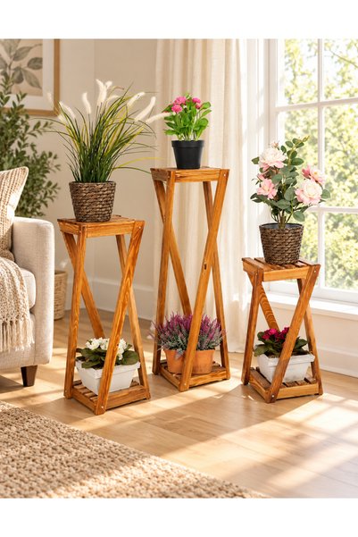 WOODENSA Dekoratif ahsap 3lü takim ahsap çiçeklik saksilik çiçek standi 20X20...