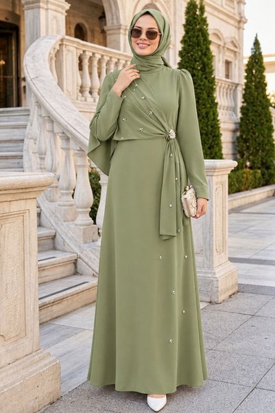N.S NEVA STYLE Pistachio Green Hijab Evening Dress with Cape Detail 56101Fy