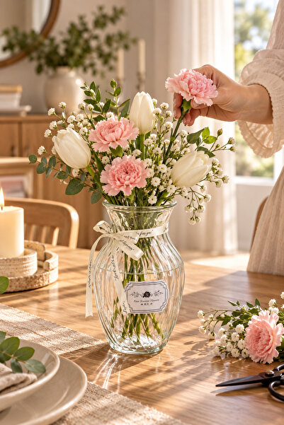 Porsima 04287 Striped Tulip Glass Vase – 1400 ml Transparent Vase with Ribbon...