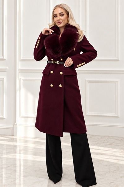 FashionForYou Palton lung de damă CALVERIA cu lână, guler de blană detașabil ...
