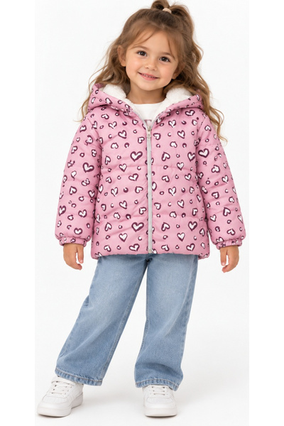 İrem Çocuk Giyim Girl's Heart Patterned Plush Lined Fixed Hooded Pocketless P...