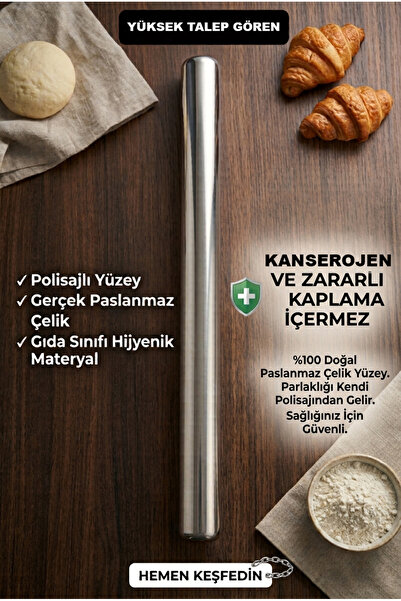 guardbuck Gıdaya Uygun Saf Krom Paslanmaz Oklava (99 cm ilanıdır)– Kanserojen Kaplama İçermez, Hijyenik Hamur Açıcı