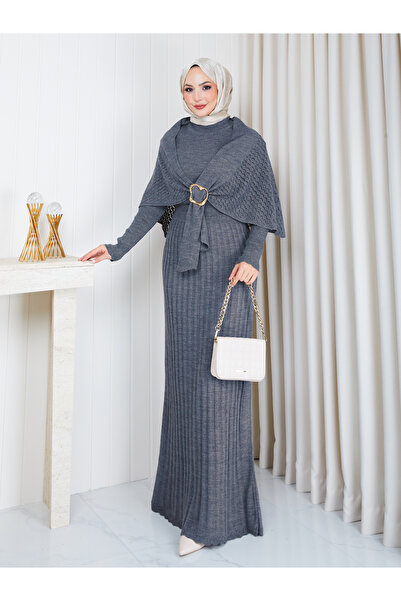 EFSUN MODA Women's Cloak with Pleated Detail and Brooch Detail Long Knitted D...