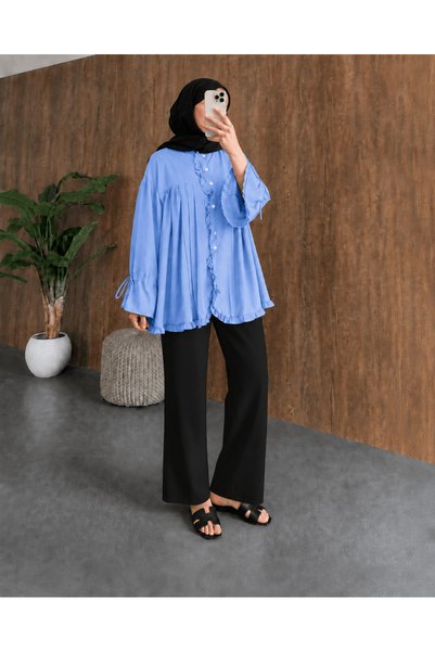 Hepsi Moda Ruffled Front and Lace-Up Sleeves Shirt - 31111- Baby Blue