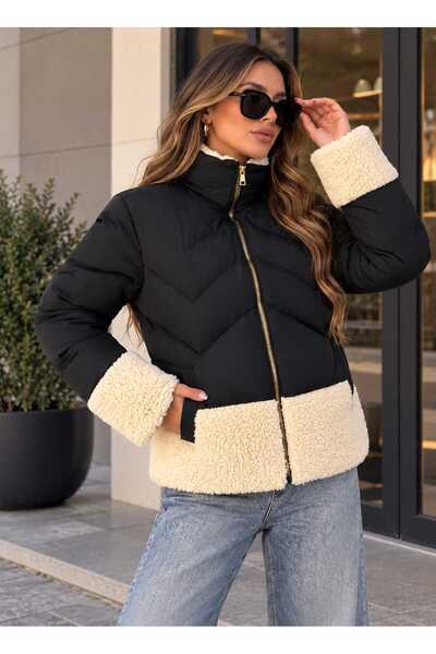 AKŞTEKSTİL Women's Black Inflatable Coat - Plush Detailled Stand-Up Collar Zi...