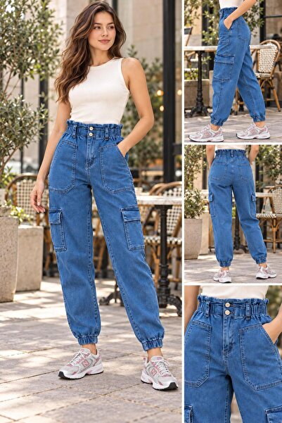 reepi PANTALONI LARGI TIP CARGO CU TALIE ÎNALTĂ DIN ȚESĂTURĂ DE BUMBAC ȘI LYCRA
