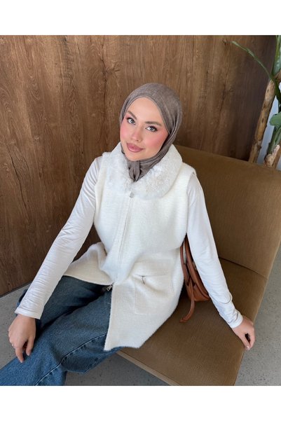 Adalenna Moda Yakası Kürklü Üst Kalite Angora Yelek