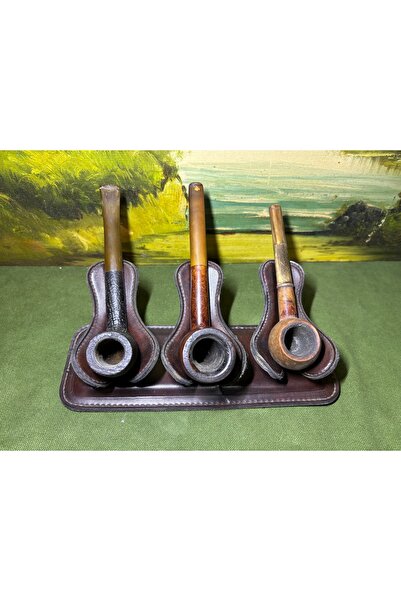 gerçek deriden avrupa pipo standı sehpası - 3 pipoluk - 22 cm 8 cm