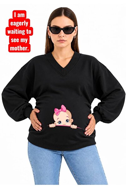 HELLO ROMA 3 Yarn Combed Cotton Printed Maternity V-Neck Sweatshirt Jr1