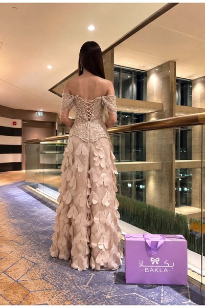 BAKLAFASHO Off-Shoulder Long Evening Dress with Embroidered Bodice and Embossed Petal Skirt - Champagne Beige
