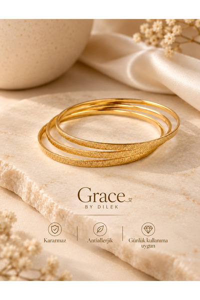GRACEbyDilek ÜÇLÜ ALTIN KAPLAMA KUMLU AJDA BİLEZİK (6.5cm Çap) ORTA BOY