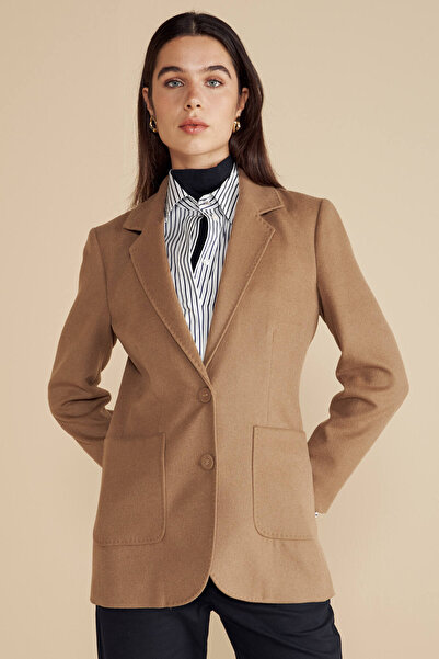 BROOKS BROTHERS Kadın Camel Kaşmir Karışımlı Mono Kapama Puntolu Blazer