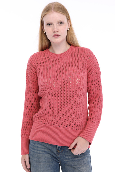 Trist Star Pink Women's 100% Cotton Openwork Ribbed Knit Crew Neck Knitwear Sweater Trist-6172